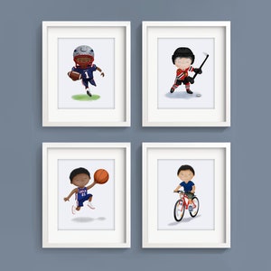 May include: Four framed illustrations of children playing different sports. The top left image shows a child wearing a football uniform and helmet, holding a football. The top right image shows a child wearing a hockey uniform and holding a hockey stick. The bottom left image shows a child wearing a basketball uniform and holding a basketball. The bottom right image shows a child riding a bicycle.
