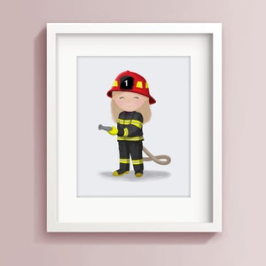 May include: A framed illustration of a child dressed as a firefighter. The child is wearing a red helmet with a yellow brim and a black and yellow fire suit. The child is holding a fire hose and has a happy expression on their face.