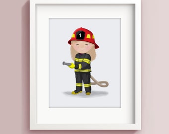 Firegirl Art Print - Fire fighter Wall Art - Firefighter Girl - Little fire fighter -  Girls Bedroom Art - Kid firefighter - Sweet Cheeks
