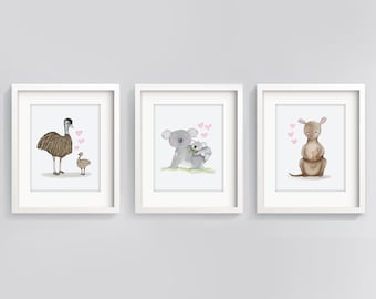 Australian Set of 3 Prints - Australian Animals Set - Nursery Animals - Australian Animal Nursery Art - Aussie Animal Art - Koala - Kangaroo