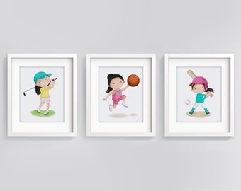 Custom Set of 3 sports prints - girls room sports decor - nursery sports prints - girls bedroom sports - sport artwork - sports art prints