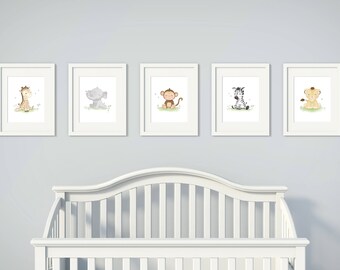 Set of 5 Nursery Print Set - Baby Animal Prints - Nursery Wall Art - Safari Nursery Decor - African Animals - Baby Lion print - Baby Giraffe
