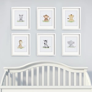 Conjunto de 6 viveros Print Set - Baby Animal Prints - Nursery Wall Art - Safari Nursery Decor - African Animals - Baby monkey - Baby Rhino