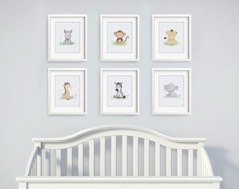 Set of 6 Nursery Print Set - Baby Animal Prints - Nursery Wall Art - Safari Nursery Decor - African Animals - Baby monkey - Baby Rhino
