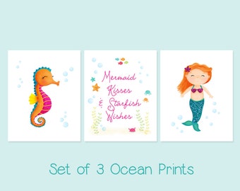 Set of 3 Wall Art - Real Glitter Art - Ocean Decor - Kids Art - Mermaid Painting - Little Mermaid - Bathroom Decor - Sweet Cheeks Images