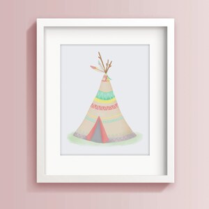 May include: A framed illustration of a colourful teepee with a red flap and a green, yellow and blue patterned design. The teepee is decorated with feathers and branches.