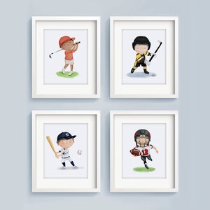 May include: Four framed illustrations of children playing different sports. The illustrations are in a cartoon style and feature a golfer, a hockey player, a baseball player, and a football player.