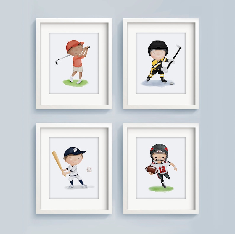 May include: Four framed illustrations of children playing different sports. The illustrations are in a cartoon style and feature a golfer, a hockey player, a baseball player, and a football player.