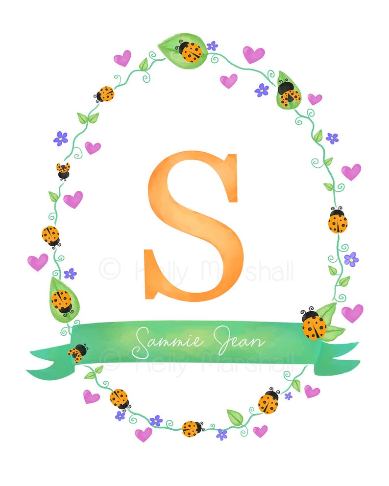May include: A green leafy wreath with orange and black ladybirds, pink hearts, and purple flowers surrounds a large orange letter S. A green ribbon with the text "Sammie Jean" is at the bottom of the wreath.