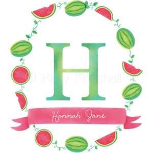 May include: A green letter H with a watercolor effect surrounded by a wreath of watermelon slices and vines. The wreath is pink and green. A pink ribbon with the text "Hannah Jane" is below the letter.