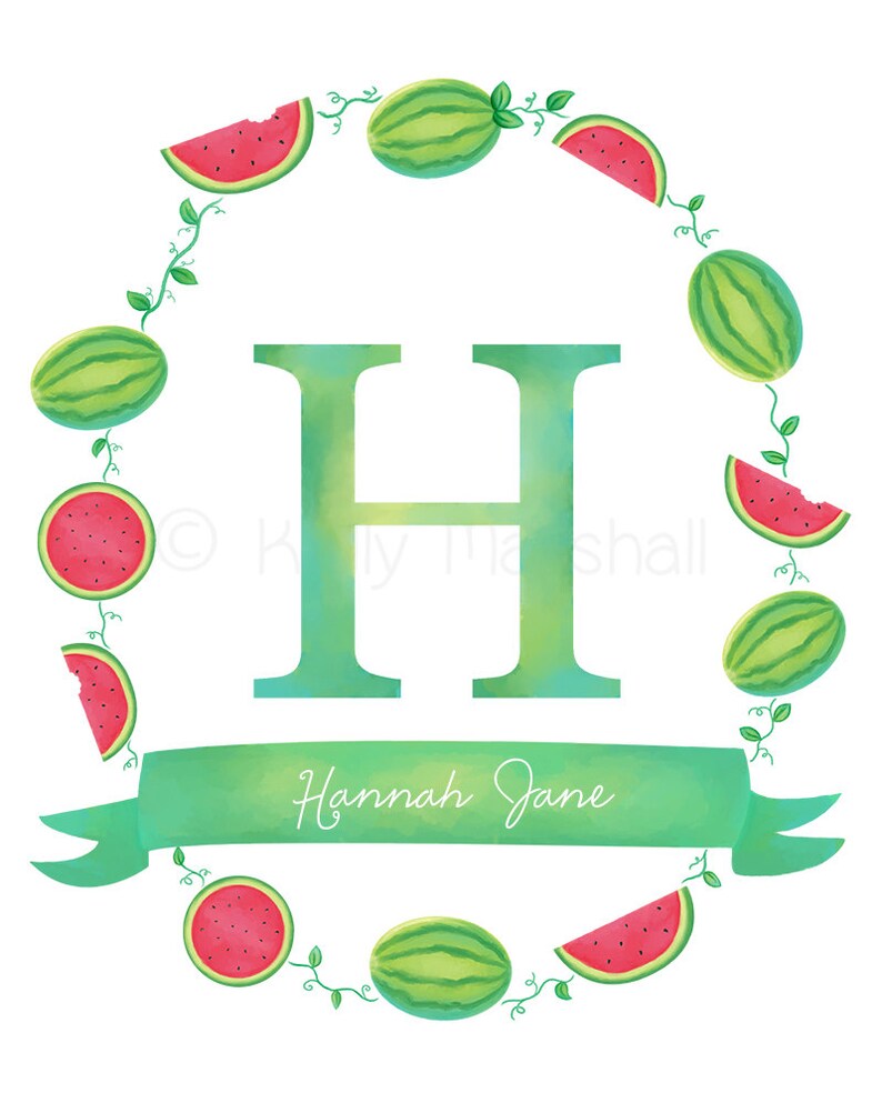 May include: Watermelon wreath with the letter H in the center and the name "Hannah Jane" written on a green ribbon.