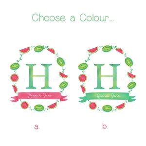 May include: Two designs for a personalized monogram with the letter H surrounded by a wreath of watermelon slices. The first design has a pink ribbon with the text "Hannah Jane" and the second design has a green ribbon with the text "Hannah Jane".