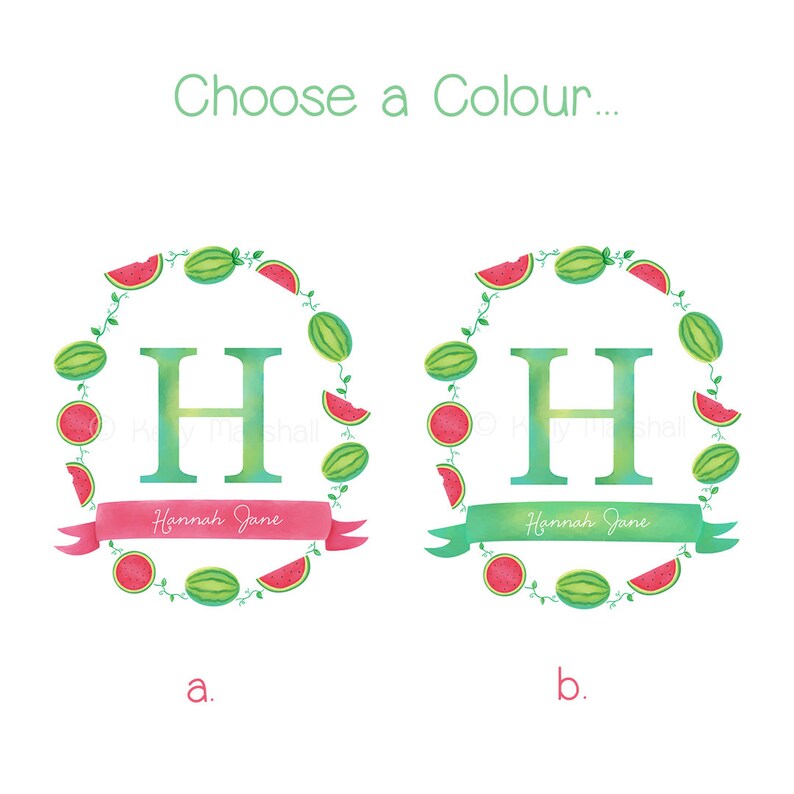 May include: Two designs for a personalized monogram with the letter H surrounded by a wreath of watermelon slices. The first design has a pink ribbon with the text "Hannah Jane" and the second design has a green ribbon with the text "Hannah Jane".