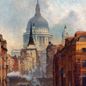 Ludgate Hill & St. Paul&#39;s Cathedral, Londen, Engeland 1887 schilderij - Ludgate, avond door John O&#39;Connor - digitale download print hi-res jpeg