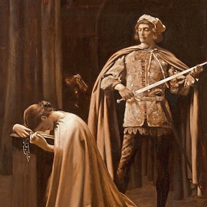 Könnte beinhalten: Ein Gemälde, das eine Frau in einem langen, fließenden Gewand zeigt, die kniet und betet, während ein Mann in einem Umhang und mit einem Schwert in der Hand hinter ihr steht.