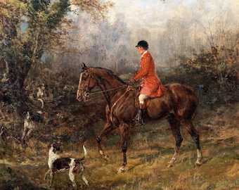May include: A painting of a person on horseback riding through a wooded area. The person is wearing a red coat and a black hat. There are two dogs in the foreground, one of which is a hound.