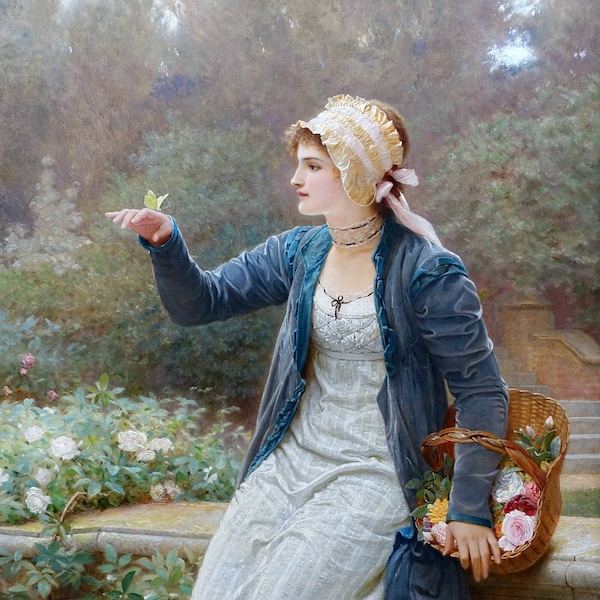 The Lady and the Butterfly 1901 Victorian Oil Painting - Digital Download Print Hi-Res JPEG