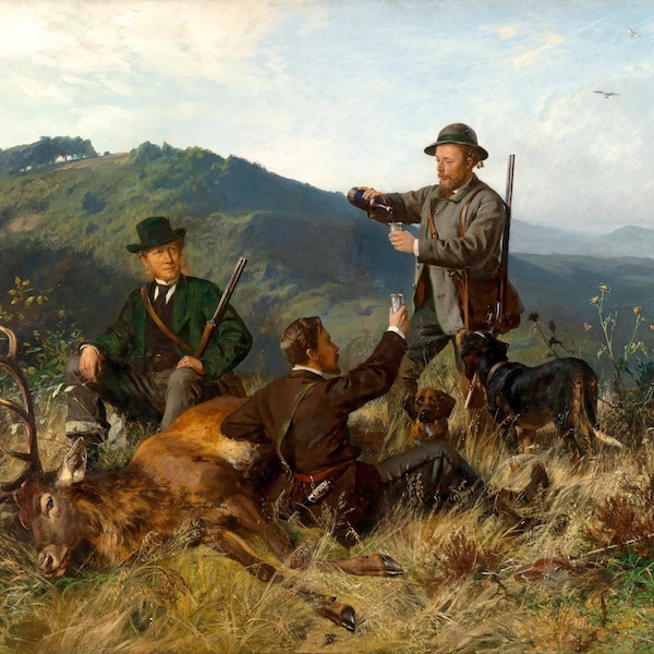 Una cacería exitosa - Pintura de caza de mediados de 1800 - Carl Friedrich Deiker - Descarga digital Print Hi-Res JPEG