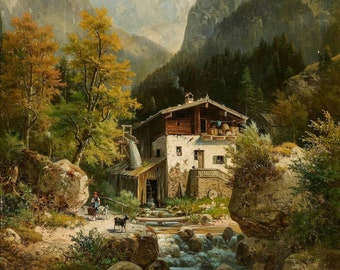 A Tyrolean Chalet 1800s Painting by Ludwig Sckell - Digital Download Print Hi-Res JPEG