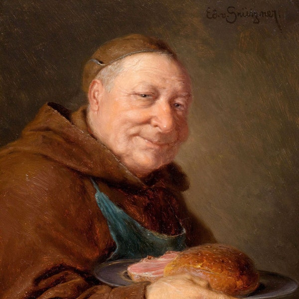 The Monk with his Meat - 19th Century German Painting Art - Digital Download Print Hi-Res JPEG