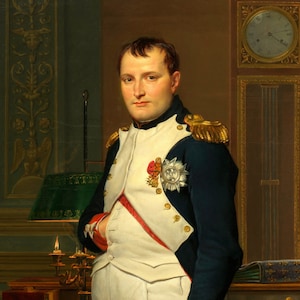 May include: A portrait painting of a man in military uniform. He is wearing a white shirt with a red sash and a dark blue jacket with gold trim. He has a serious expression on his face and is standing in a room with a clock and a lamp.