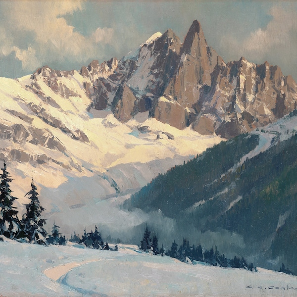 L'Aiguille du Dru Alps - French Alps - 20th Century Alpine Landscape Painting - Digital Download Print Hi-Res JPEG