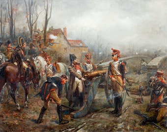 May include: A painting depicting a scene of a battle during the Napoleonic Wars.  Soldiers in red and blue uniforms are firing a cannon while other soldiers on horseback look on.  The scene is set in a rural landscape with a bridge in the background.