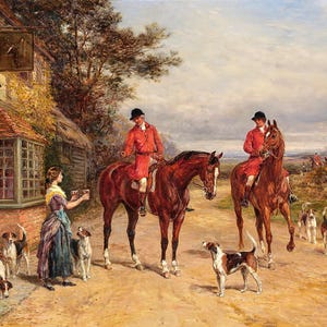 Off to the Meet c1880s Victorian Painting by Heywood Hardy - Digital Download Print Hi-Res JPEG - Horseback Riders & Fox Hunt