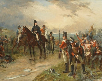 May include: A painting depicting a group of soldiers in red uniforms, some on horseback, with a general in a black coat and a white hat. The soldiers are standing in a field with a cloudy sky in the background.