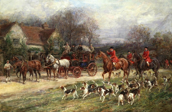Off to the Hunt! C1880s Victorian Fox Hunt Painting by Heywood