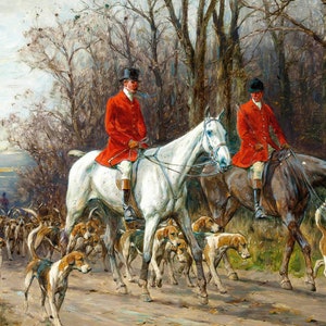Può includere: Un dipinto che raffigura un gruppo di persone a cavallo che cavalcano attraverso un bosco con un branco di cani che li seguono. I cavalieri indossano cappotti rossi e cappelli neri, e i cavalli sono marroni e bianchi. I cani sono marroni e bianchi, e corrono in branco.