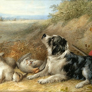 A Spaniel with the Day&#39;s Catch - Victorian Hunting Dog Watercolor Painting - William Trood - Digital Download Print Hi-Res JPEG
