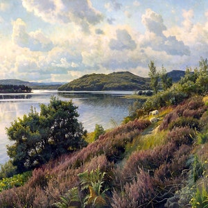 May include: A painting of a lake scene with a small island in the middle. The lake is surrounded by trees and hills. The sky is blue with white clouds. There is a path leading up a hill on the right side of the painting.