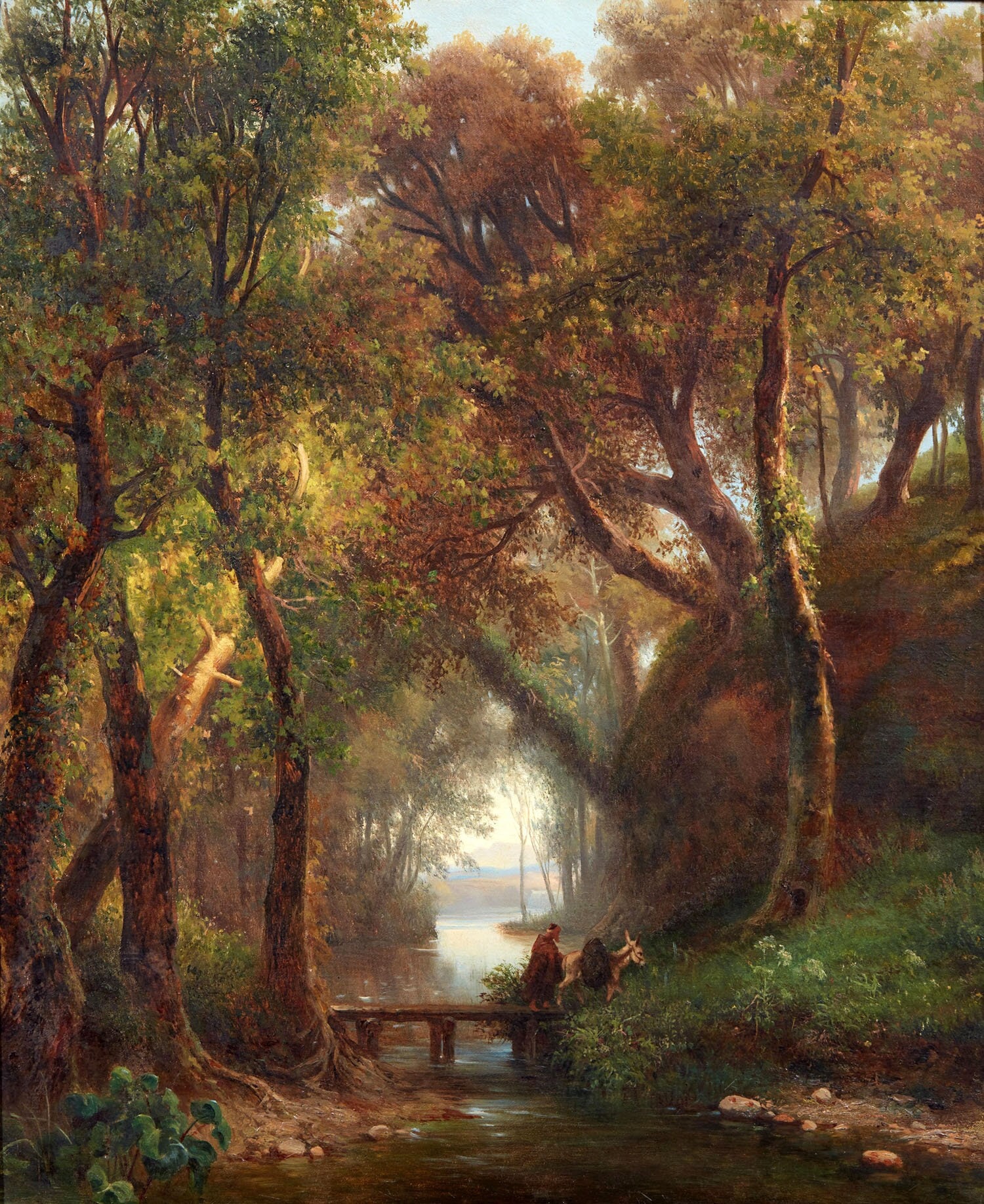 水彩画　牧歌の午後　22.7✕18.5 cm（s m号） A Man and His Donkey Crossing a Bridge 19th Century Forest