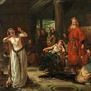 Puede incluir: Una pintura que representa una escena de un evento histórico. Una mujer con un vestido blanco se encuentra en el centro de la habitación, con las manos levantadas hacia sus oídos. Está rodeada de otras personas, incluyendo un rey sentado en un trono, un hombre con una túnica roja y varias otras figuras. La habitación está decorada con muebles y tapices ornamentados.