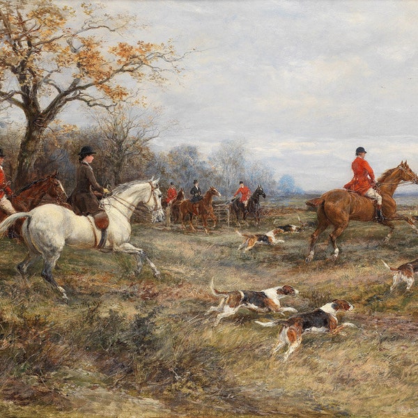 In Full Cry c1890s Victorian Painting by Heywood Hardy - Digital Download Print Hi-Res JPEG - Horseback Riders Fox Hunt