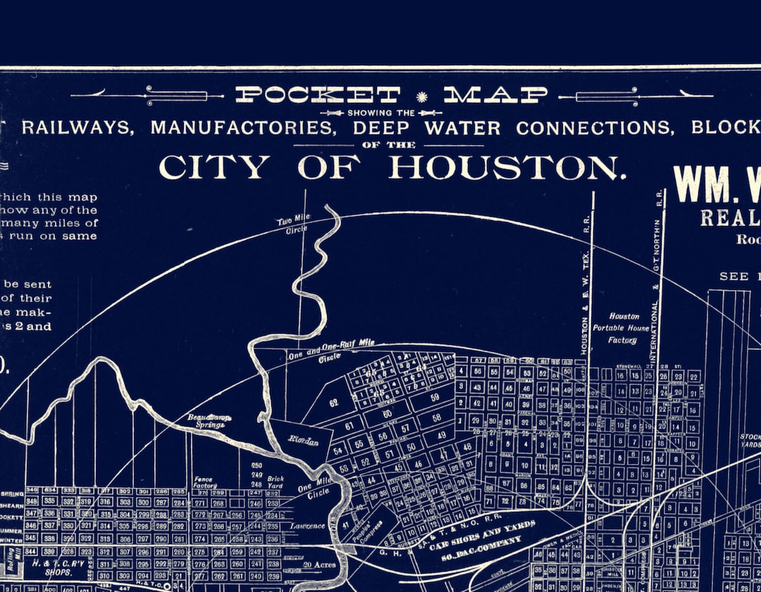Blueprint Street Map of Houston Texas Vintage 1890 Wall Art City Map
