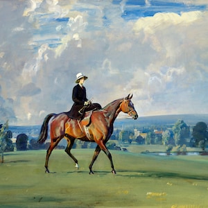 May include: A woman in a white hat and black coat rides a brown horse through a green field. The background features a blue sky with white clouds and a distant town.