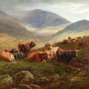 Highland Cattle c1880s Victorian Country Landscape Painting - Digital Download Print Hi-Res JPEG