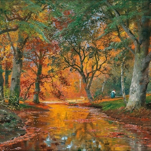 A Wood Collector in an Autumnal Forest c1910s Fall Landscape Painting Digital Download Art Print Hi-Res JPEG