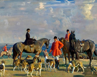 May include: A group of people on horseback with a pack of hounds in a field. The people are wearing traditional hunting attire, including red coats and black hats. The hounds are all brown and white and are standing in a group, looking at the people. The background is a field with trees in the distance. The sky is blue with white clouds.