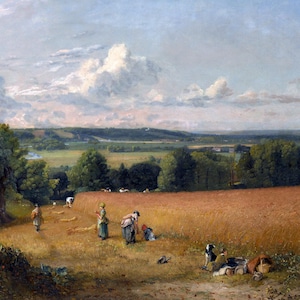 May include: A painting depicting a rural landscape with a group of people working in a field. The scene is set in a valley with rolling hills and a distant town. The sky is a pale blue with fluffy white clouds. The people are dressed in simple clothing and are working in a field of wheat. The painting is done in a realistic style and captures the beauty of the English countryside.