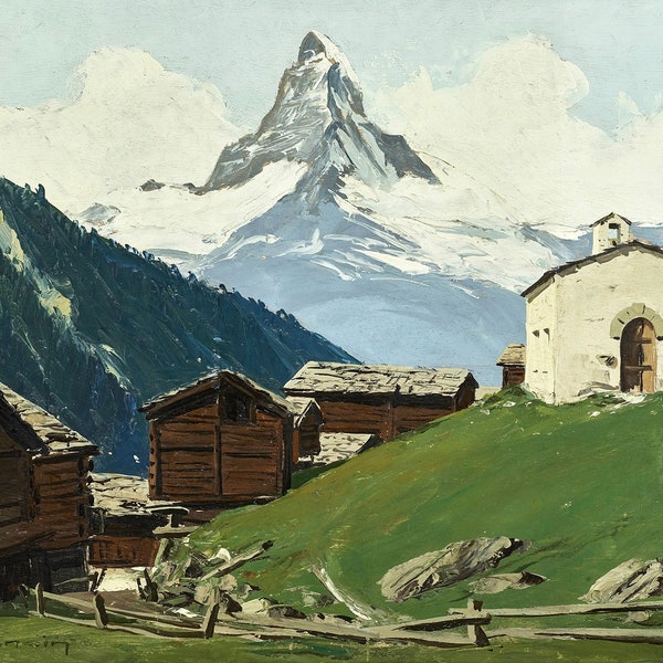 Summer in Zermatt, Switzerland - Early 20th Century Alpine Painting - Digital Download Print Hi-Res JPEG