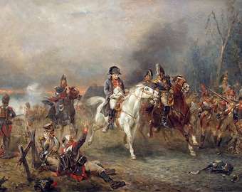 May include: A painting depicting a scene from a battle, with a group of soldiers on horseback, including a prominent figure in a black hat and white coat. The soldiers are riding through a field, with smoke and other soldiers in the background. The scene is painted in a realistic style, with a focus on detail and movement.