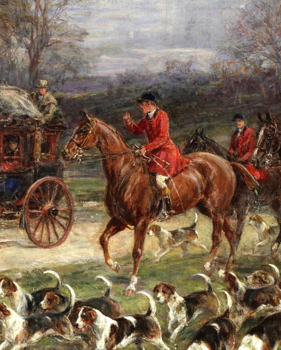 Off to the Hunt! C1880s Victorian Fox Hunt Painting by Heywood