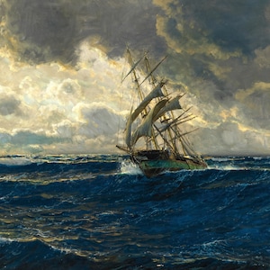 Een driemaster op zee - 20e-eeuws nautisch schilderij door Michael Zeno Diemer - Digitale download, afdrukken, hi-res jpeg