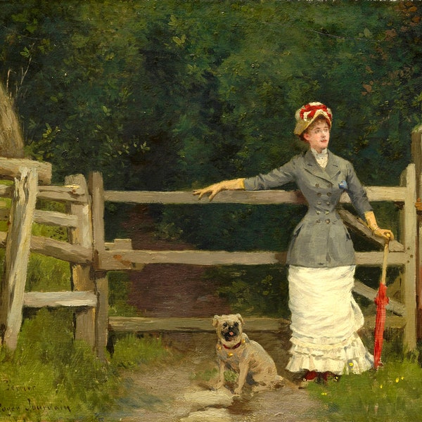 A Woman and her dog c1875 Early Victorian Oil Painting - Digital Download Print Hi-Res JPEG