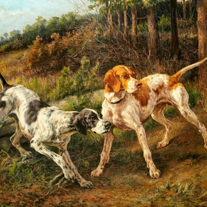 Puede incluir: Dos perros de caza blancos y marrones en un entorno boscoso. Un perro está de pie sobre sus patas traseras, mientras que el otro está acostado. Los dos perros se miran.