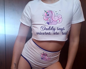 Unicorn Crop Top and High waist Panties Set Daddy sagt Einhörner sind real