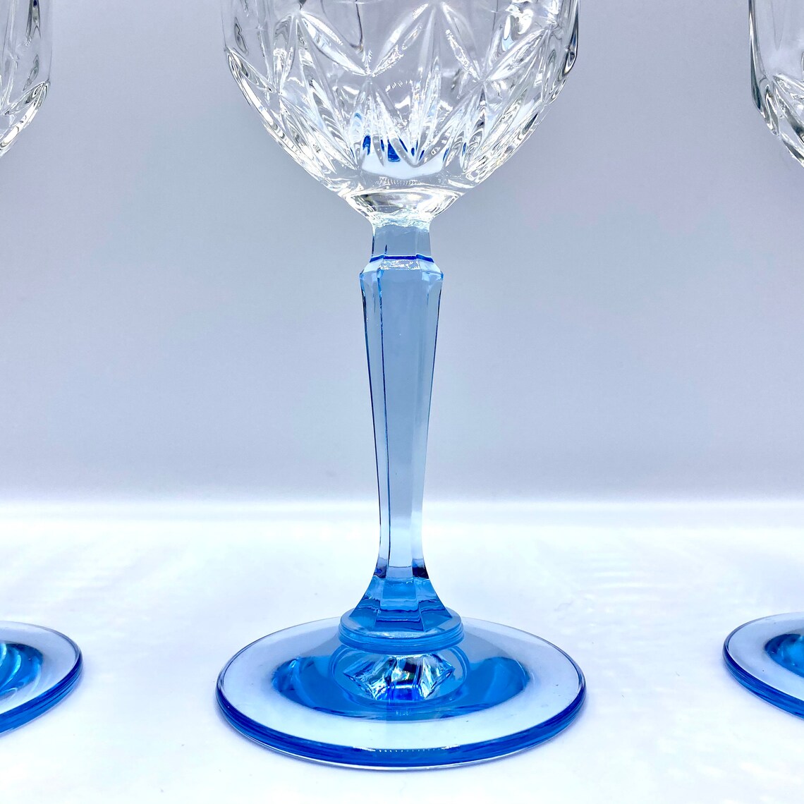 Cut Crystal Stemware with Blue Stem Set of 3 Blue Hexagonal Etsy